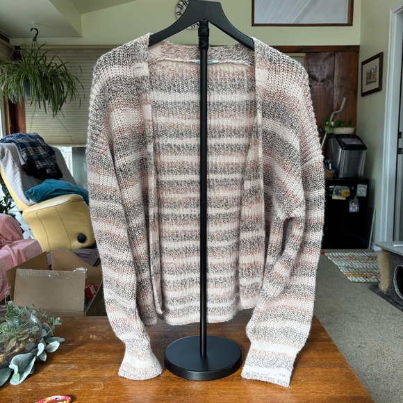 Dex Beige, Rose, White Striped Oversized Cozy Cardigan Women Size M - Picture 3 of 7